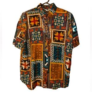 Vintage Caliche Collection Brown Turquoise Southwestern Aztec Tribal Shirt